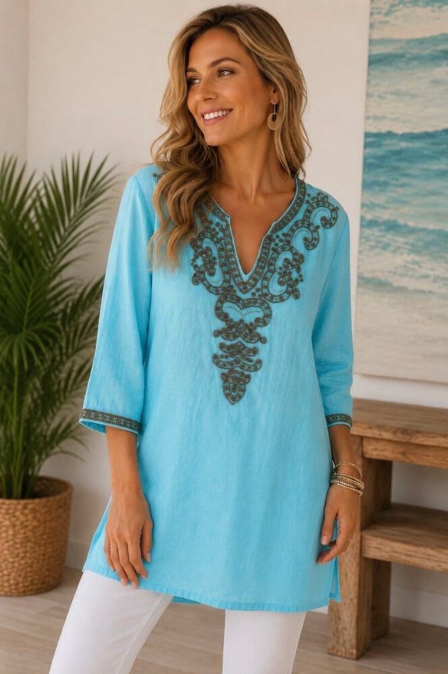 Chico’s 100% Linen Beaded Boho Tunic Top Size 1 Aqua Blue Resort Vacation Beachy